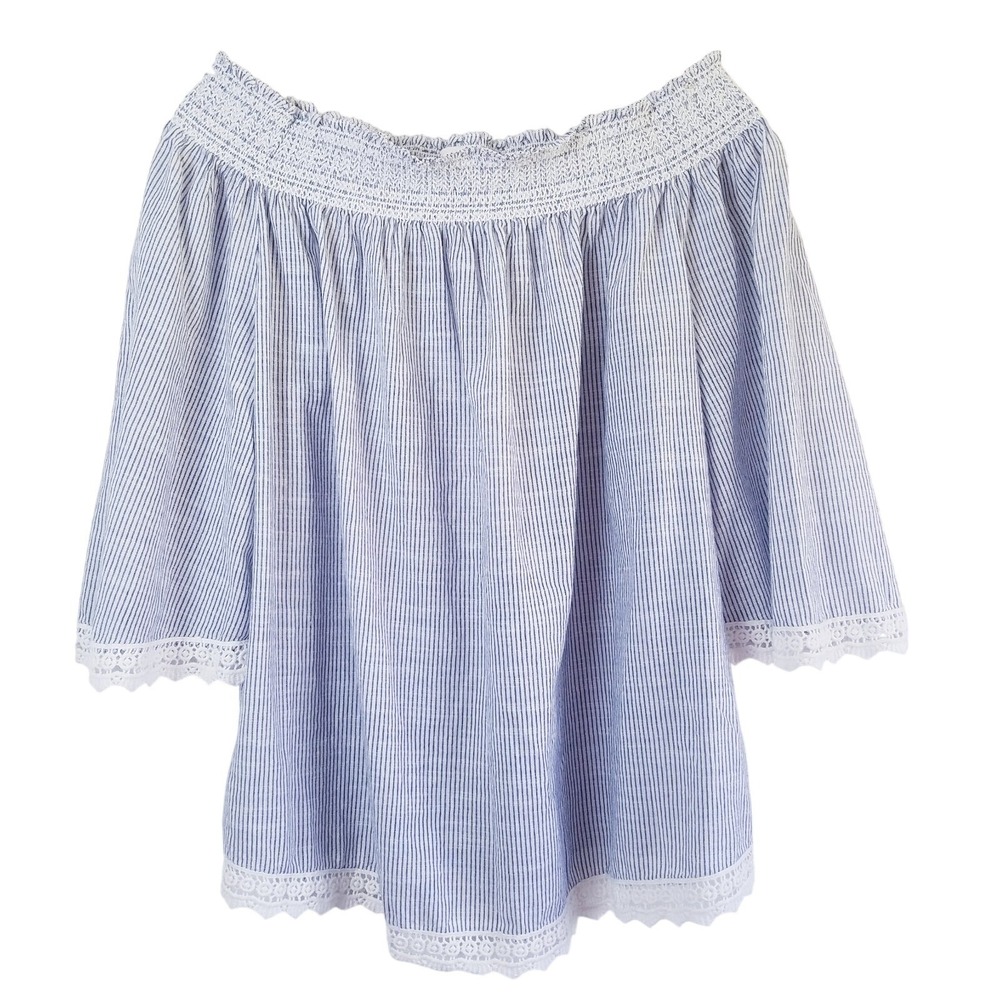 Boho Coastal Blue Striped Off Shoulder Lace Trim Blouse XL Nautical Cottagecore